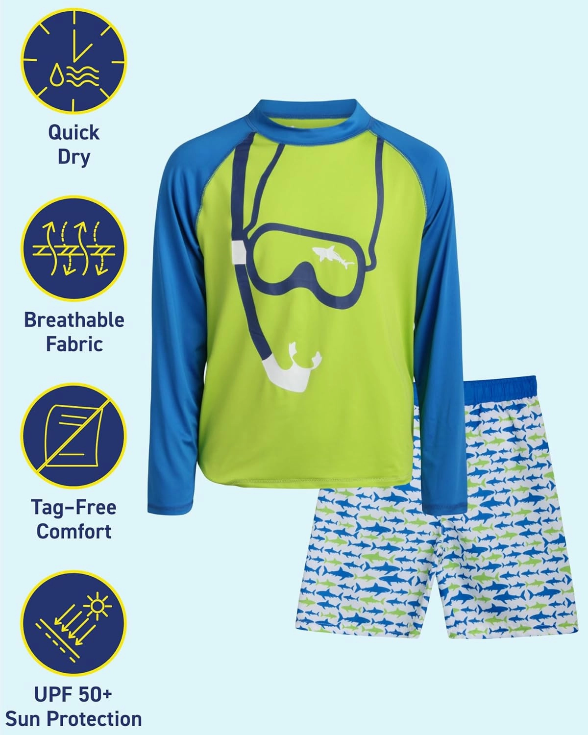 iXtreme Boys Rash Guard Set - 4 Piece UPF 50  Quick Dry Long Sleeve Swim Shirt and Swim Trunks for Boys (Sizes: 5-14)