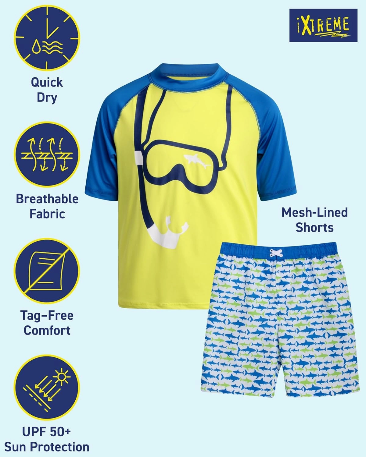 iXtreme Boys Rash Guard Set - 4 Piece UPF 50  Swim Shirt and Bathing Suit Trunks Rash Guard for Boys (Sizes: 12M-18)