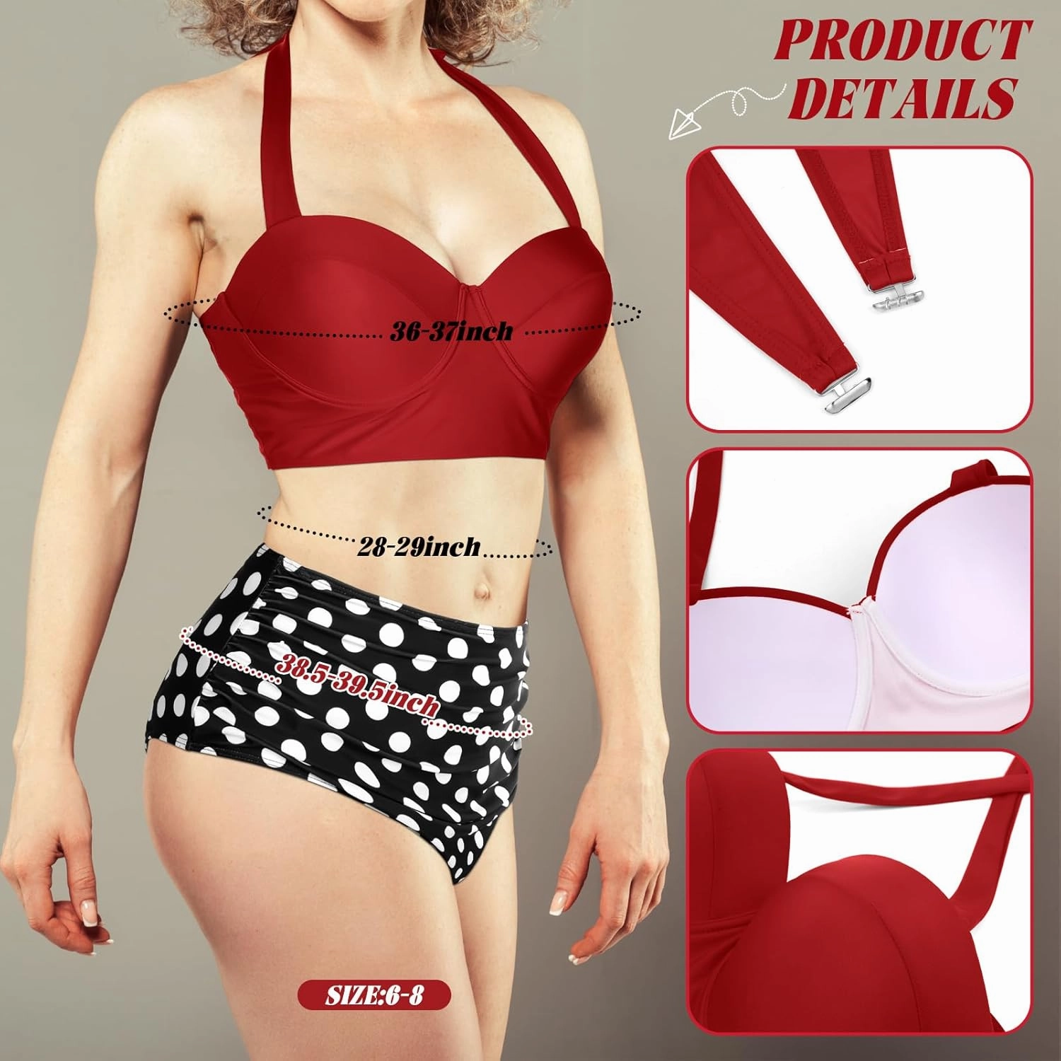 JaGely 4 Pcs 1950s Women Red Polka Dot Bikini Sets Vintage High Waisted Swimsuits Retro Wire Headband, Heart Sunglasses