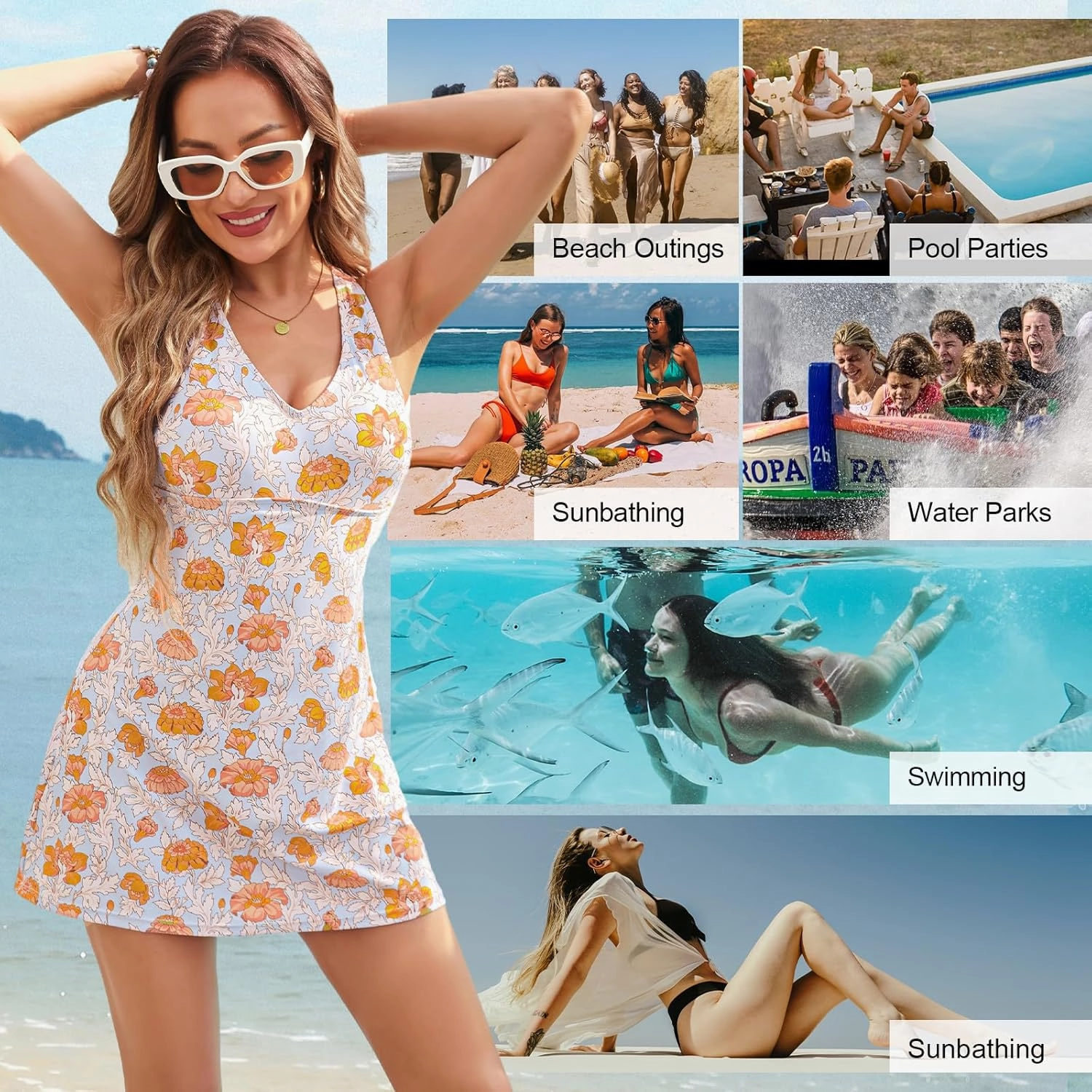 JASAMBAC One Piece Swimdress Swimsuits for Women Tummy Control V Neck Skirt Swimwear A Line Print Bathing Suits