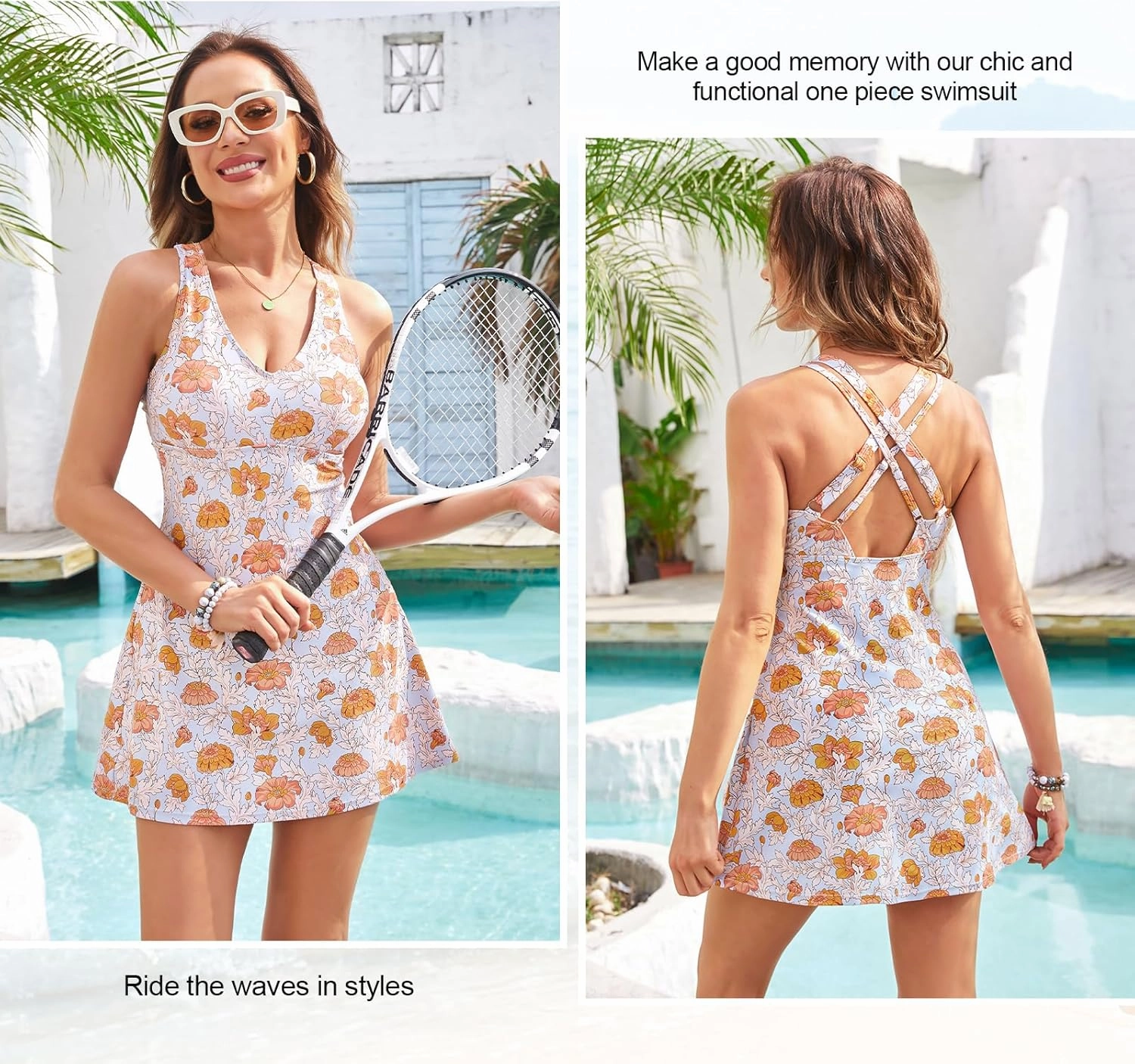 JASAMBAC One Piece Swimdress Swimsuits for Women Tummy Control V Neck Skirt Swimwear A Line Print Bathing Suits