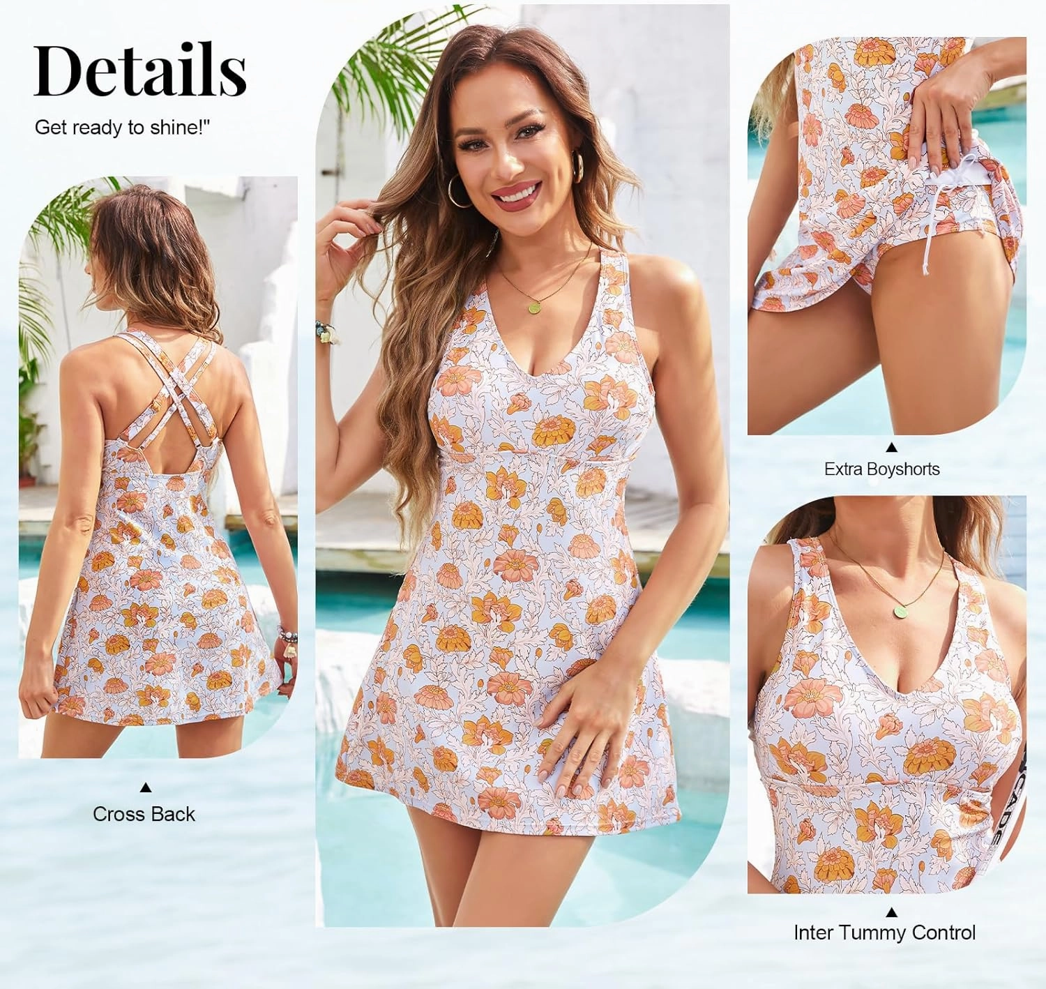 JASAMBAC One Piece Swimdress Swimsuits for Women Tummy Control V Neck Skirt Swimwear A Line Print Bathing Suits