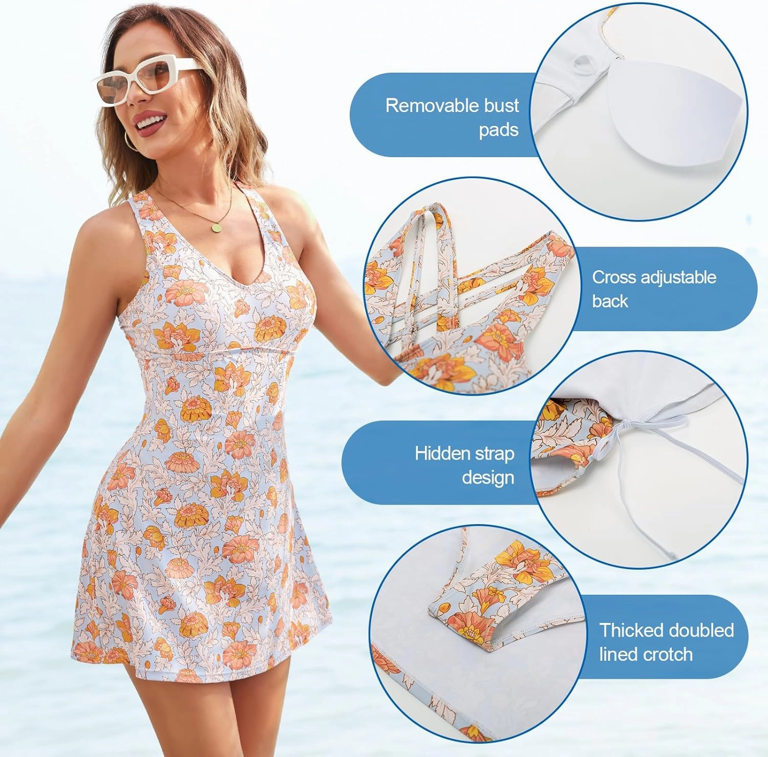 JASAMBAC One Piece Swimdress Swimsuits for Women Tummy Control V Neck Skirt Swimwear A Line Print Bathing Suits