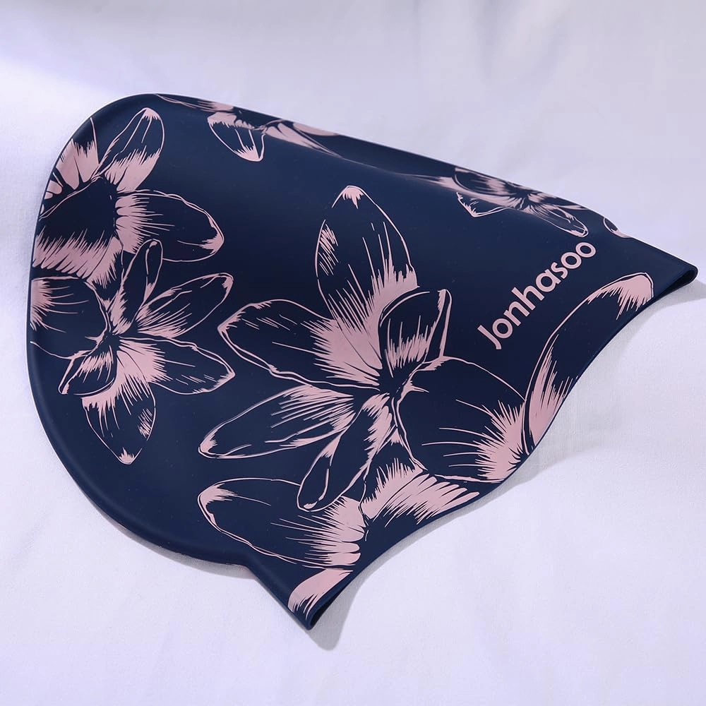 Jonhosoo Silicone Swim Cap for Women, Waterproof Long Hair Swimming Caps with Flower Printed