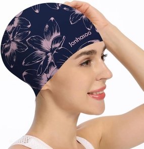 Jonhosoo Silicone Swim Cap for Women, Waterproof Long Hair Swimming Caps with Flower Printed