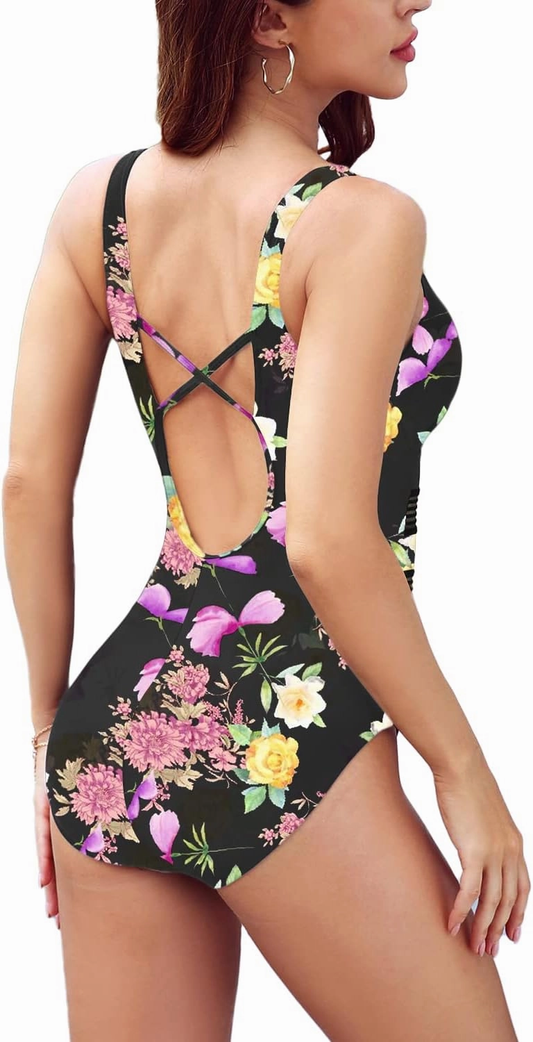 Jusfitsu Women's One Piece Swimsuits Tummy Control V Neck Bathing Suit for Women Sexy Mesh High Waisted Swimwear