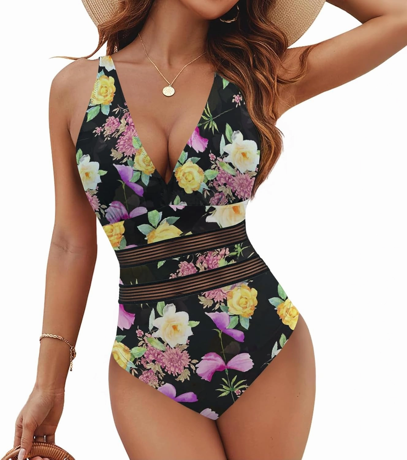 Jusfitsu Women's One Piece Swimsuits Tummy Control V Neck Bathing Suit for Women Sexy Mesh High Waisted Swimwear