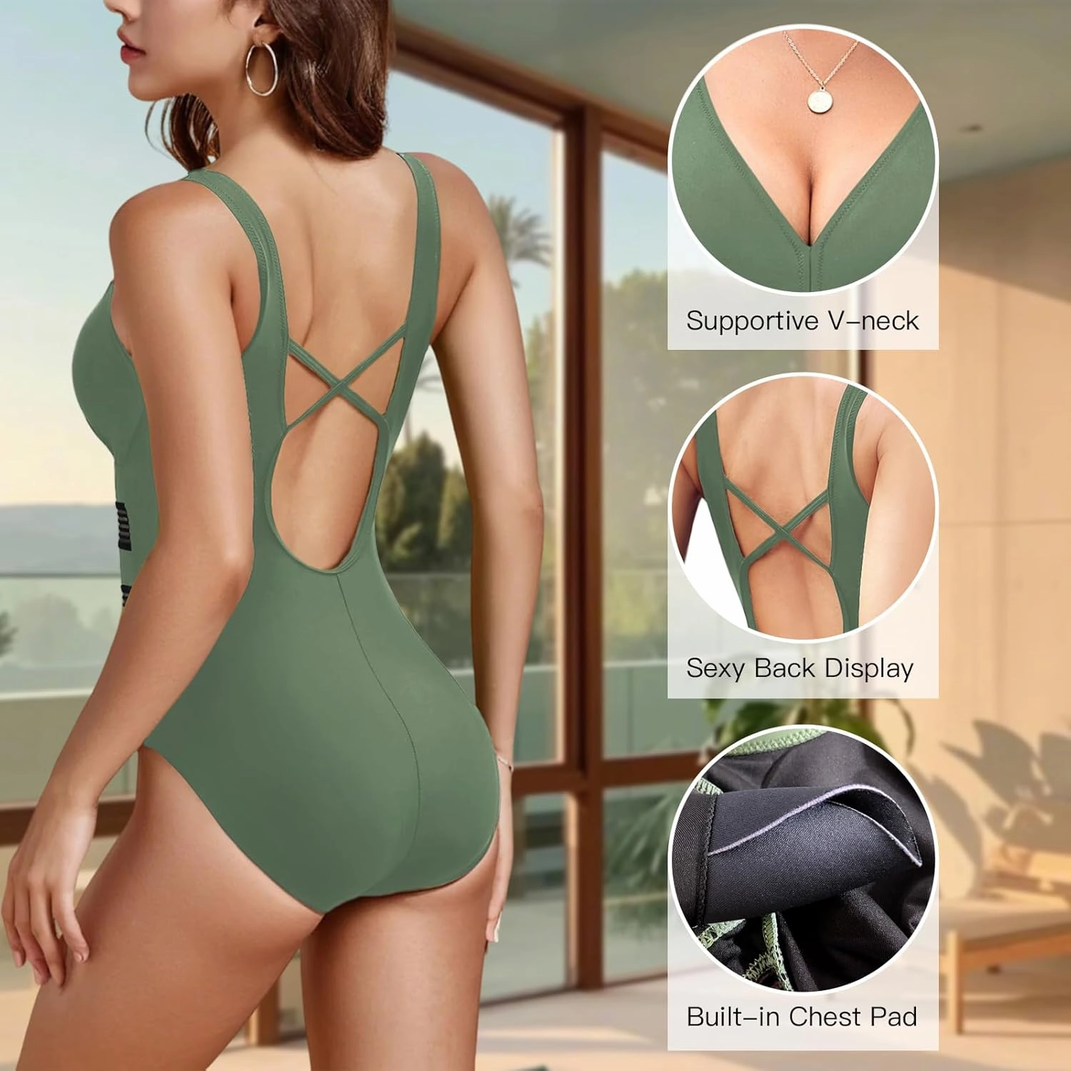 Jusfitsu Women's One Piece Swimsuits Tummy Control V Neck Bathing Suit for Women Sexy Mesh High Waisted Swimwear