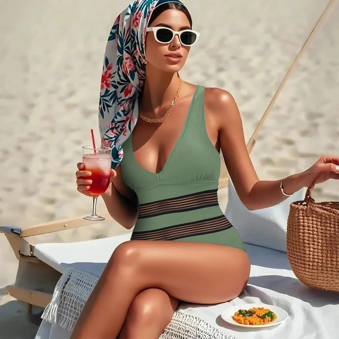 Jusfitsu Women's One Piece Swimsuits Tummy Control V Neck Bathing Suit for Women Sexy Mesh High Waisted Swimwear