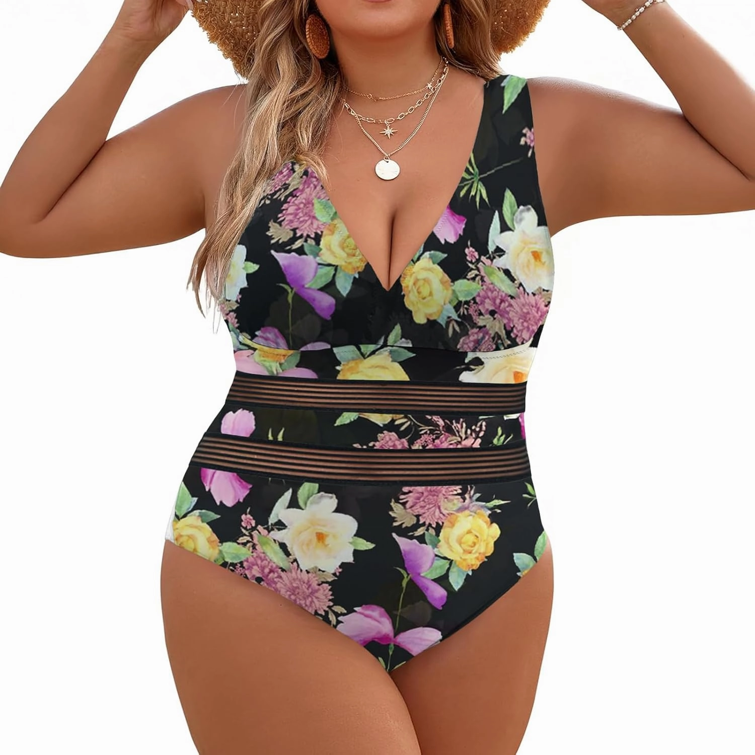 Jusfitsu Women's One Piece Swimsuits Tummy Control V Neck Bathing Suit for Women Sexy Mesh High Waisted Swimwear