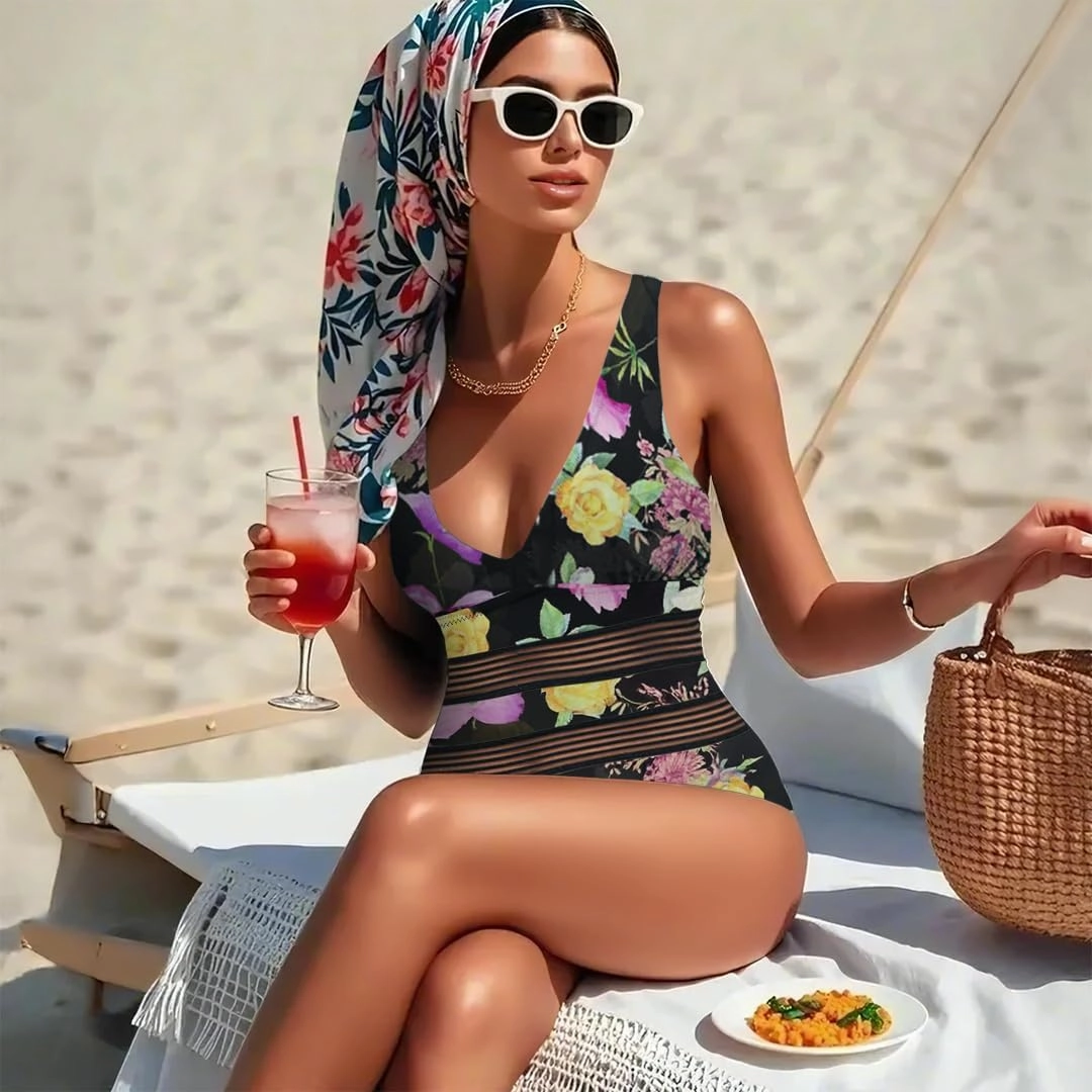 Jusfitsu Women's One Piece Swimsuits Tummy Control V Neck Bathing Suit for Women Sexy Mesh High Waisted Swimwear