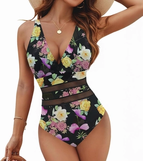 Jusfitsu Women's One Piece Swimsuits Tummy Control V Neck Bathing Suit for Women Sexy Mesh High Waisted Swimwear