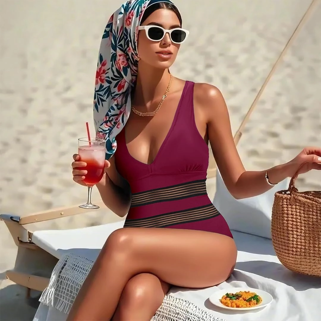 Jusfitsu Women's One Piece Swimsuits Tummy Control V Neck Bathing Suit for Women Sexy Mesh High Waisted Swimwear