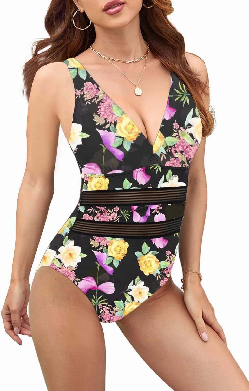 Jusfitsu Women's One Piece Swimsuits Tummy Control V Neck Bathing Suit for Women Sexy Mesh High Waisted Swimwear