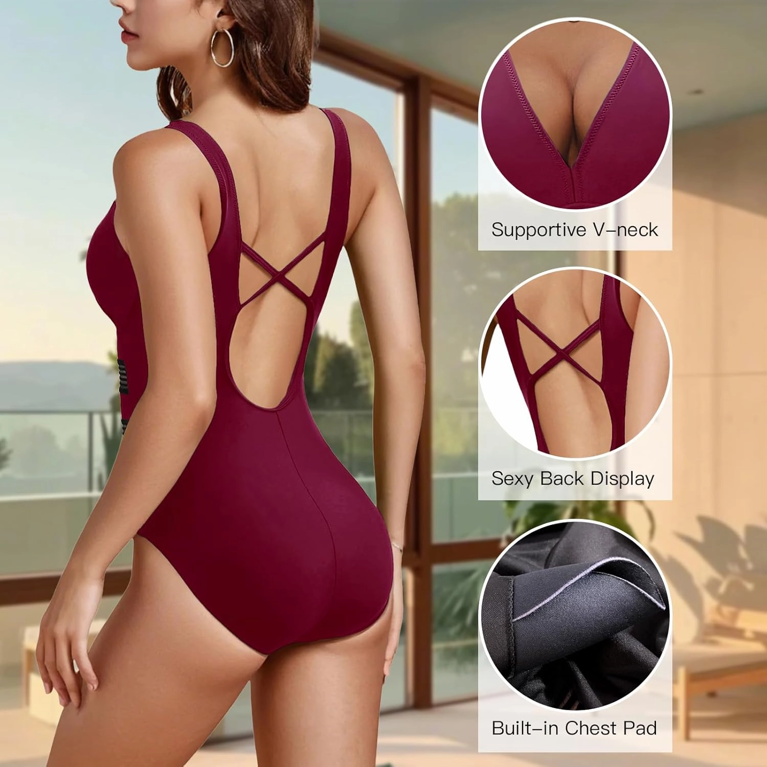 Jusfitsu Women's One Piece Swimsuits Tummy Control V Neck Bathing Suit for Women Sexy Mesh High Waisted Swimwear