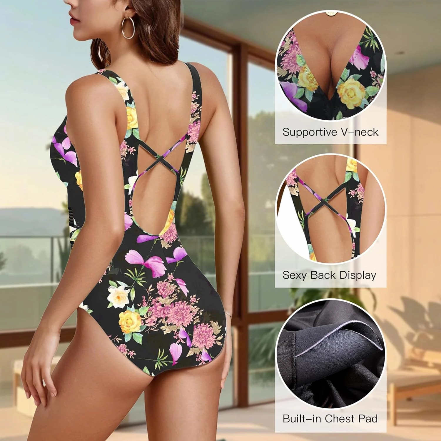 Jusfitsu Women's One Piece Swimsuits Tummy Control V Neck Bathing Suit for Women Sexy Mesh High Waisted Swimwear