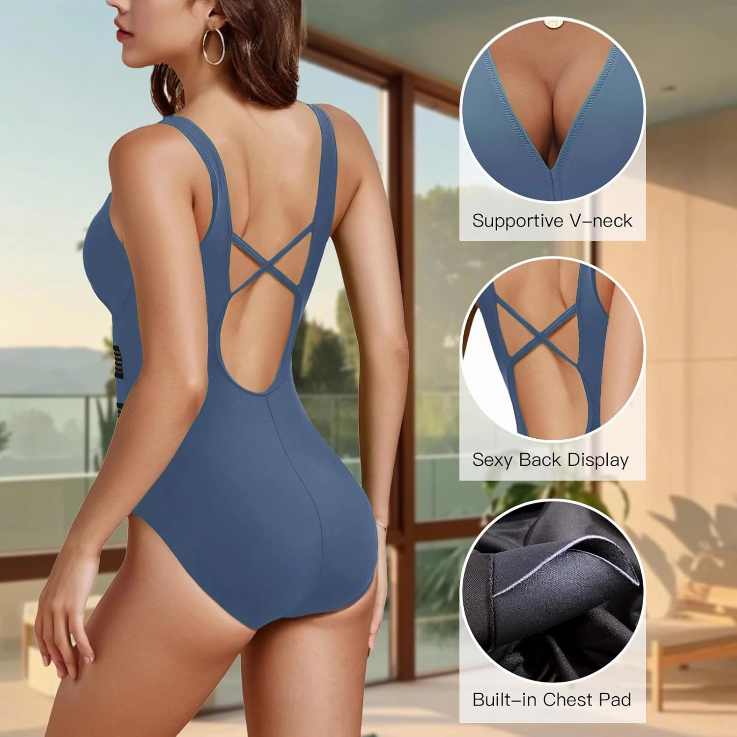Jusfitsu Women's One Piece Swimsuits Tummy Control V Neck Bathing Suit for Women Sexy Mesh High Waisted Swimwear