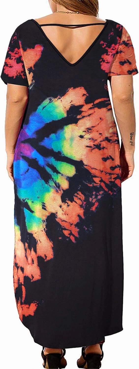 Kancystore Women's Plus Size Dresses Casual Loose Pocket Short Sleeve Slits Plus Size Long Maxi Dress XL-5X