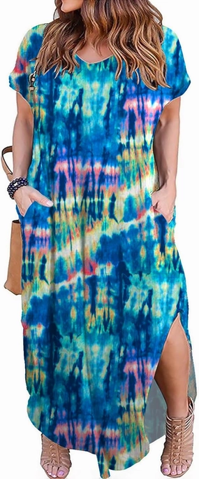Kancystore Women's Plus Size Dresses Casual Loose Pocket Short Sleeve Slits Plus Size Long Maxi Dress XL-5X