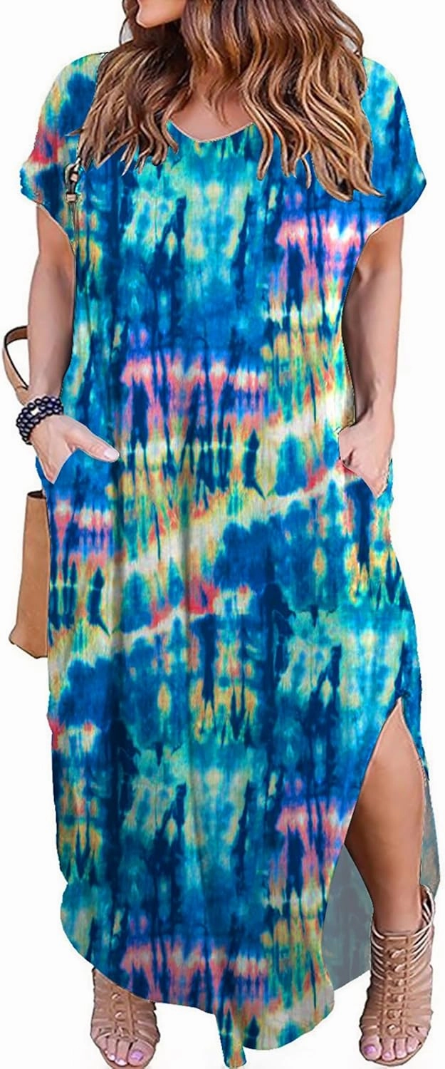 Kancystore Women's Plus Size Dresses Casual Loose Pocket Short Sleeve Slits Plus Size Long Maxi Dress XL-5X