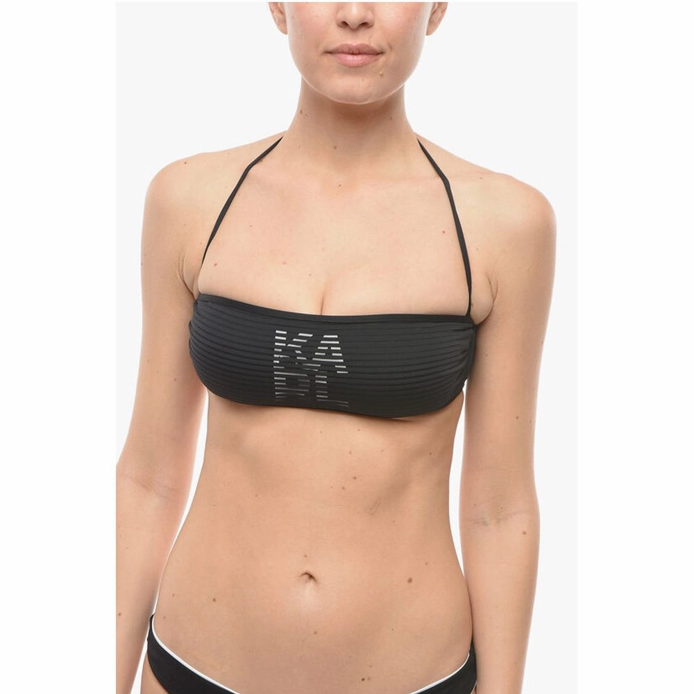 Karl Lagerfeld Solid Color Bandeau Bikini Top with Tone On Tone Striped Women's Det