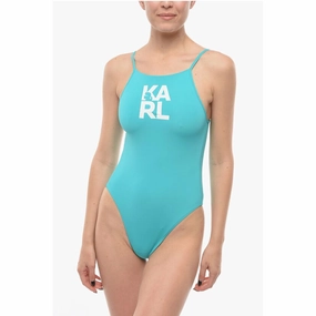Karl Lagerfeld Solid Color One-Piece Swimsuit with Printed Women's Logo