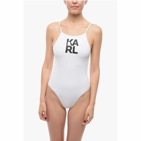 Karl Lagerfeld Solid Color One-Piece Swimsuit with Printed Women's Logo