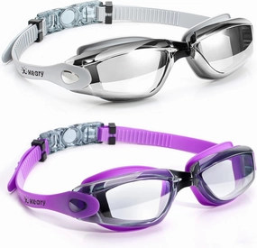 Keary 2 Pack Anti-Fog Swim Goggles for Adult Youth Kids 6 , Anti-UV Waterproof Triathlon Pool Goggles with 3 Nose Pieces