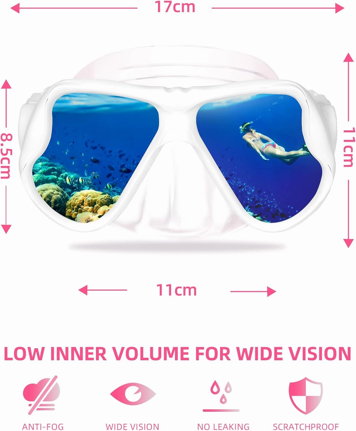 Keary Swimming Goggles Snorkel Diving Mask for Adult Men Women Youth, Anti-Fog 180Clear View Swim Goggles with Nose Cover