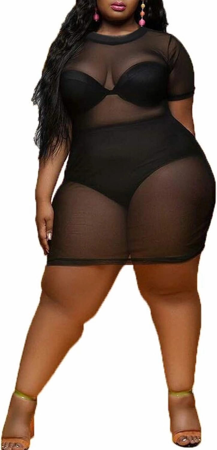 KELOVEPAN Plus Size Womens Sheer Mesh Swimsuit Cover Ups Dress Short Sleeve Casual See Through Dresses for Women Sexy Club Night Black XXL
