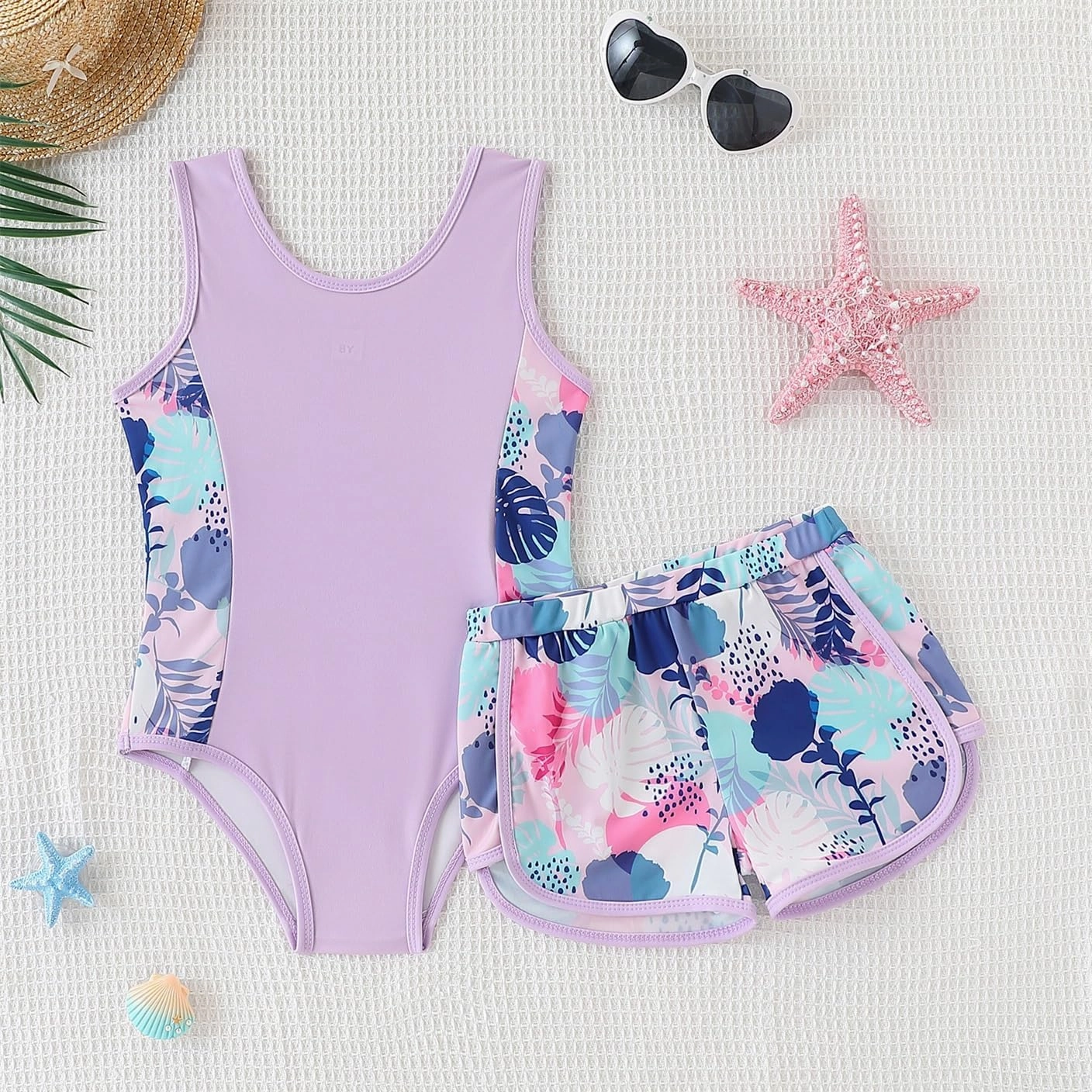 Kid Girl Swimsuit Bikini Set 2PC Bathing Suit for Girls, Tropical Girls' Full Coverage Swimwear Shorts Set