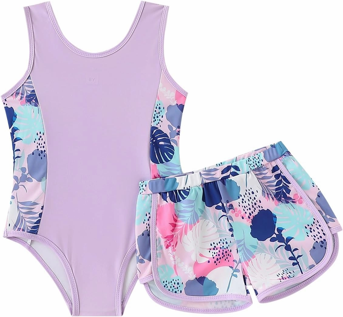 Kid Girl Swimsuit Bikini Set 2PC Bathing Suit for Girls, Tropical Girls' Full Coverage Swimwear Shorts Set