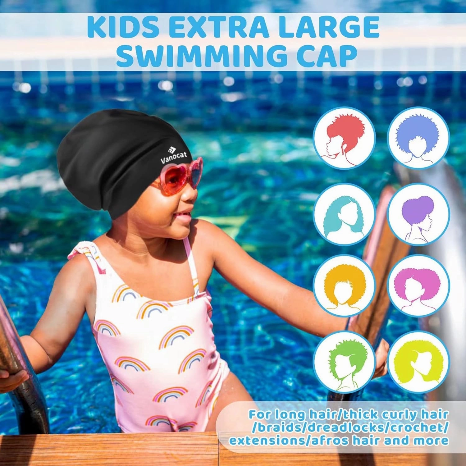 Kids Extra Large Swim Cap for Long Hair, Waterproof Silicone Swimming Caps for Boys Girls Children Youth Teen, Large Swim Hat for Long Thick Curly Hair & Dreadlocks Braids Weaves Afro Hair