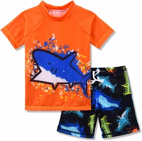 Kids Short Sleeve Sunsuit Swimwear Boys Two Piece Rash-Guard-Sets Dinosaur Pattern