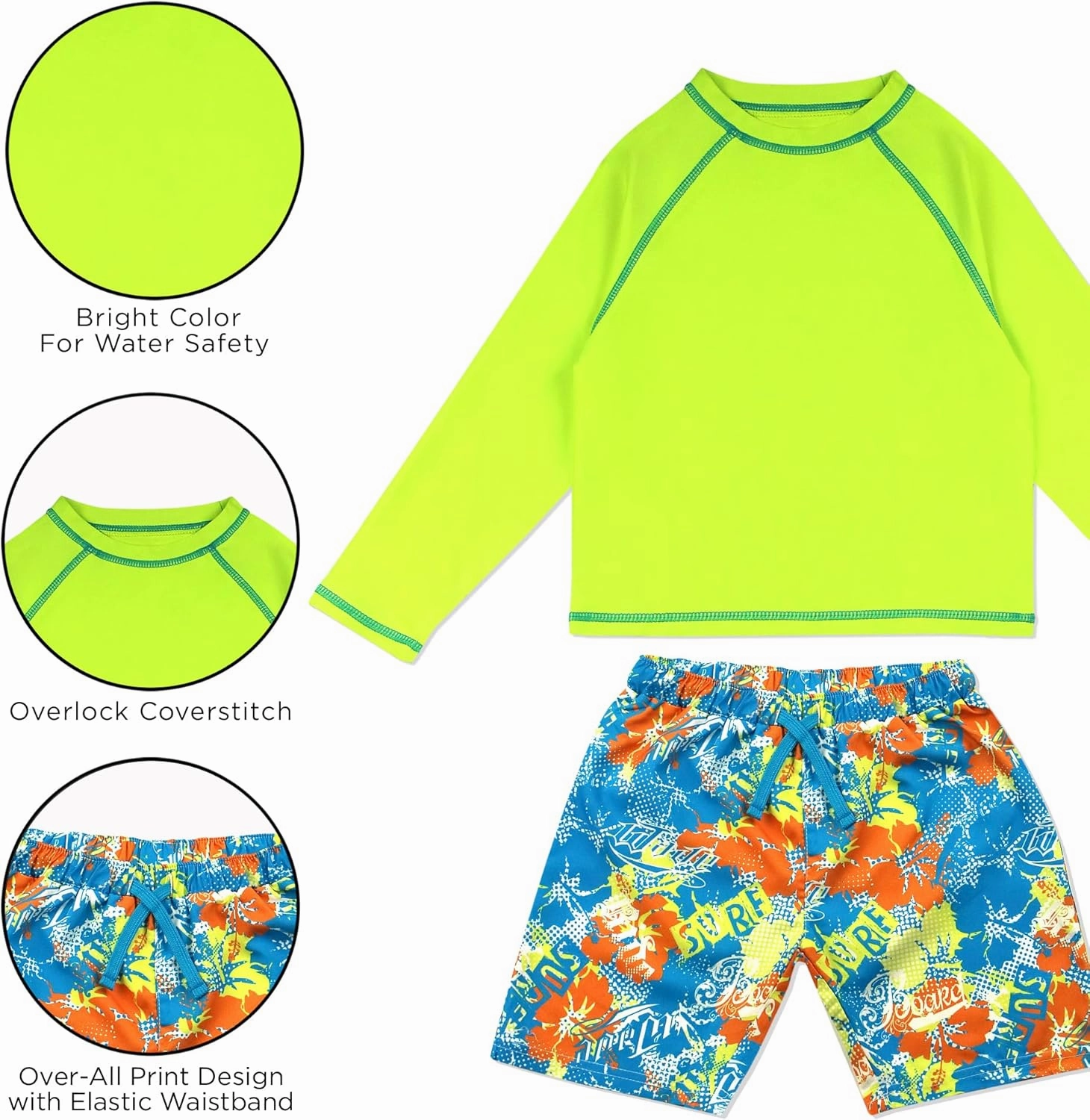 Kids Swim Set for Girls & Boys with Long Sleeve Rash Guard, Swim Shorts, Sunglasses for Ages 3-10 Years