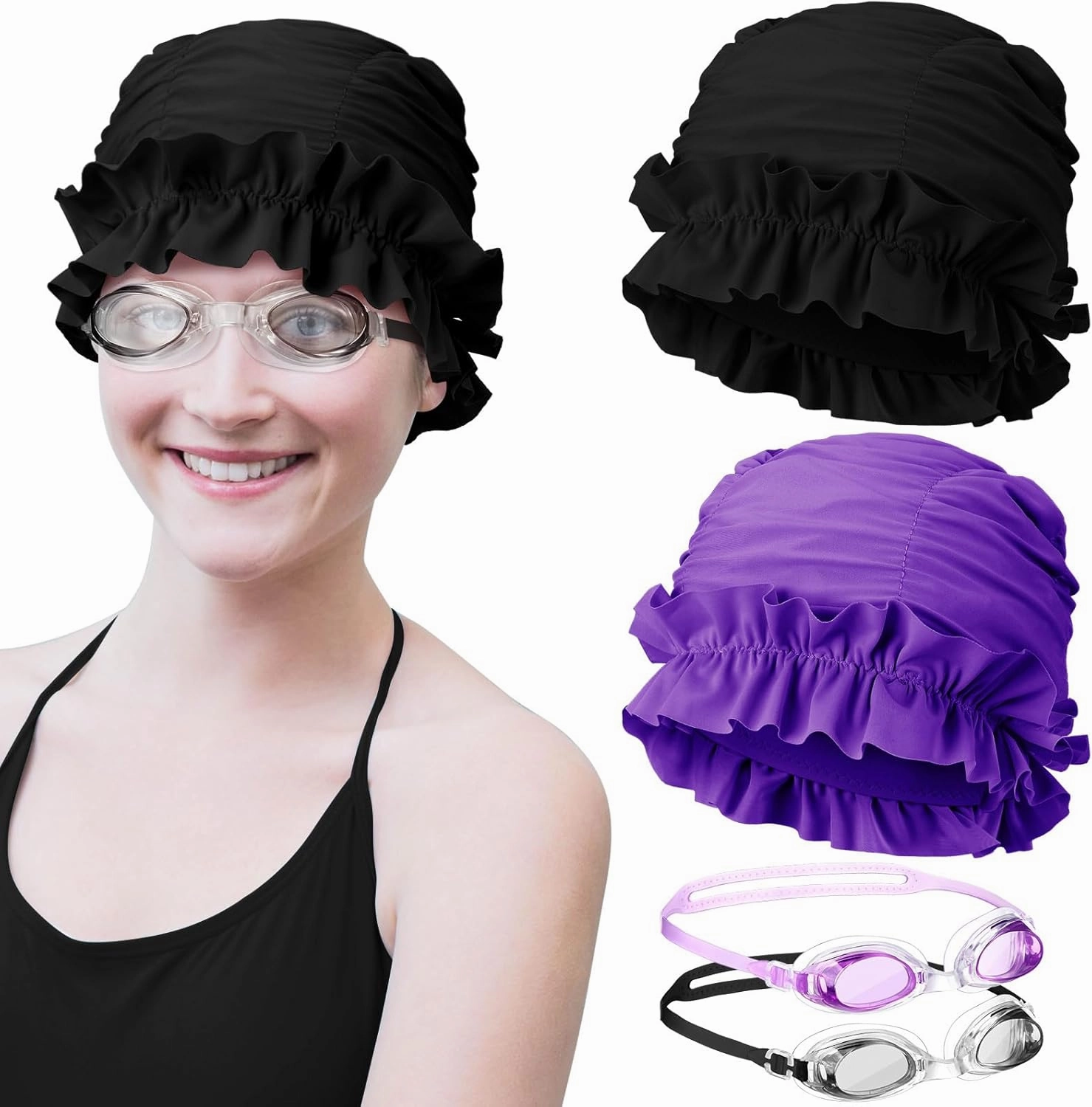 Kingdder 4 Pcs Swimming Goggles and Cap Women Adult Set 2 Waterproof Elastic Swim Caps Nylon Cloth Swim Hat Turban with Ruffled Edges 2 Anti Fog Swimming Goggles for Women