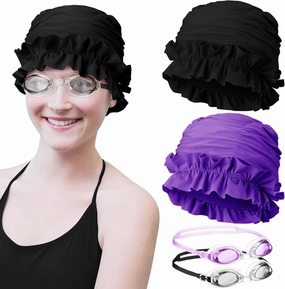 Kingdder 4 Pcs Swimming Goggles and Cap Women Adult Set 2 Waterproof Elastic Swim Caps Nylon Cloth Swim Hat Turban with Ruffled Edges 2 Anti Fog Swimming Goggles for Women