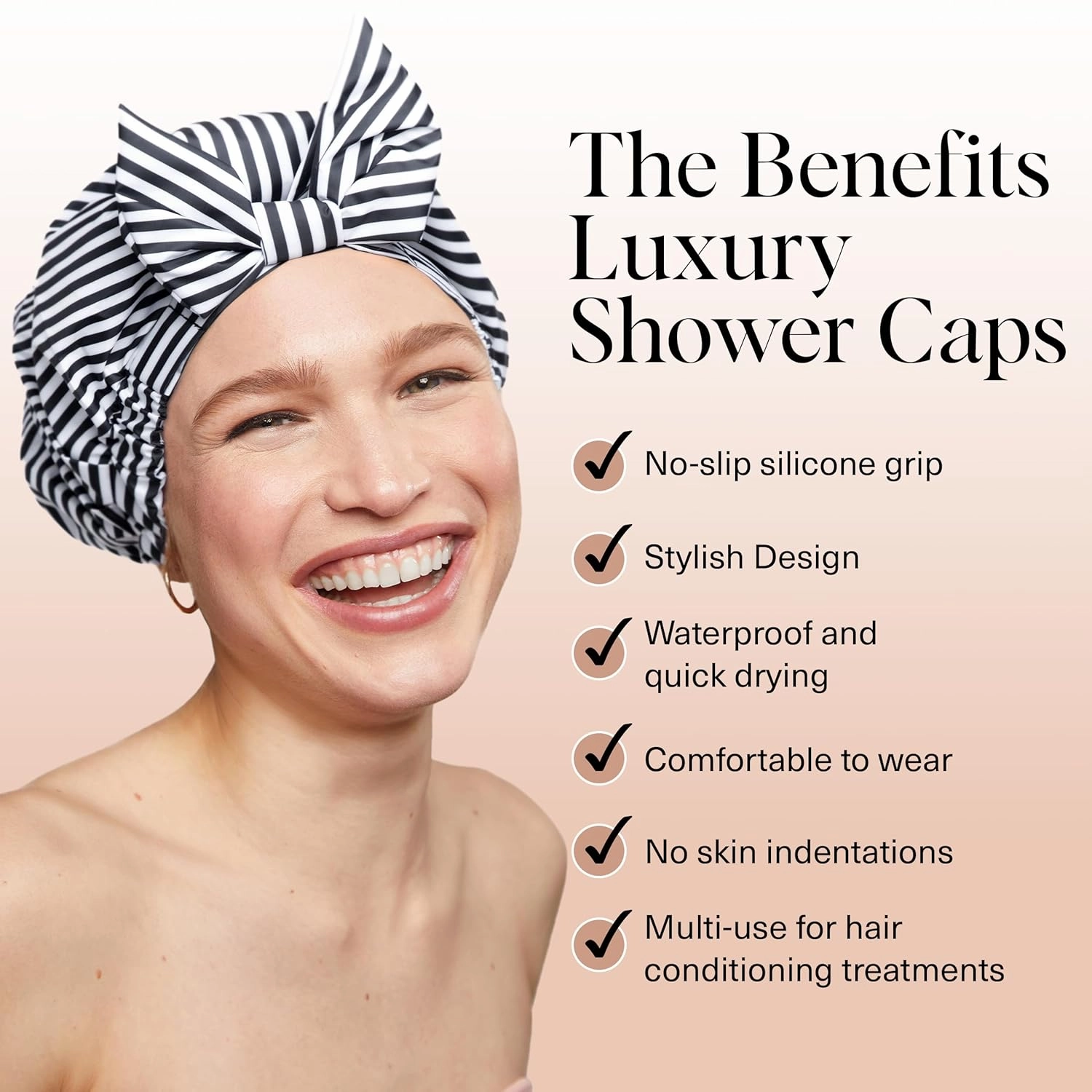 Kitsch Luxury Shower Caps for Women Reusable Waterproof - Large Shower Cap for Women and Men, Non-slip, Quick-dry Hair Cap for Long & Short Hair, Comfortable and Stylish Design - Stripe