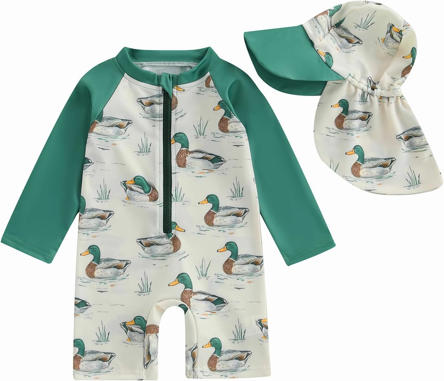 KMBANGI Toddler Baby Boy Mallard Swimsuit Kids Rash Guard Long Sleeve One Piece Bathing Suit Duck Hunting Swimwear with Hat