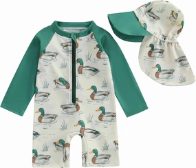 KMBANGI Toddler Baby Boy Mallard Swimsuit Kids Rash Guard Long Sleeve One Piece Bathing Suit Duck Hunting Swimwear with Hat