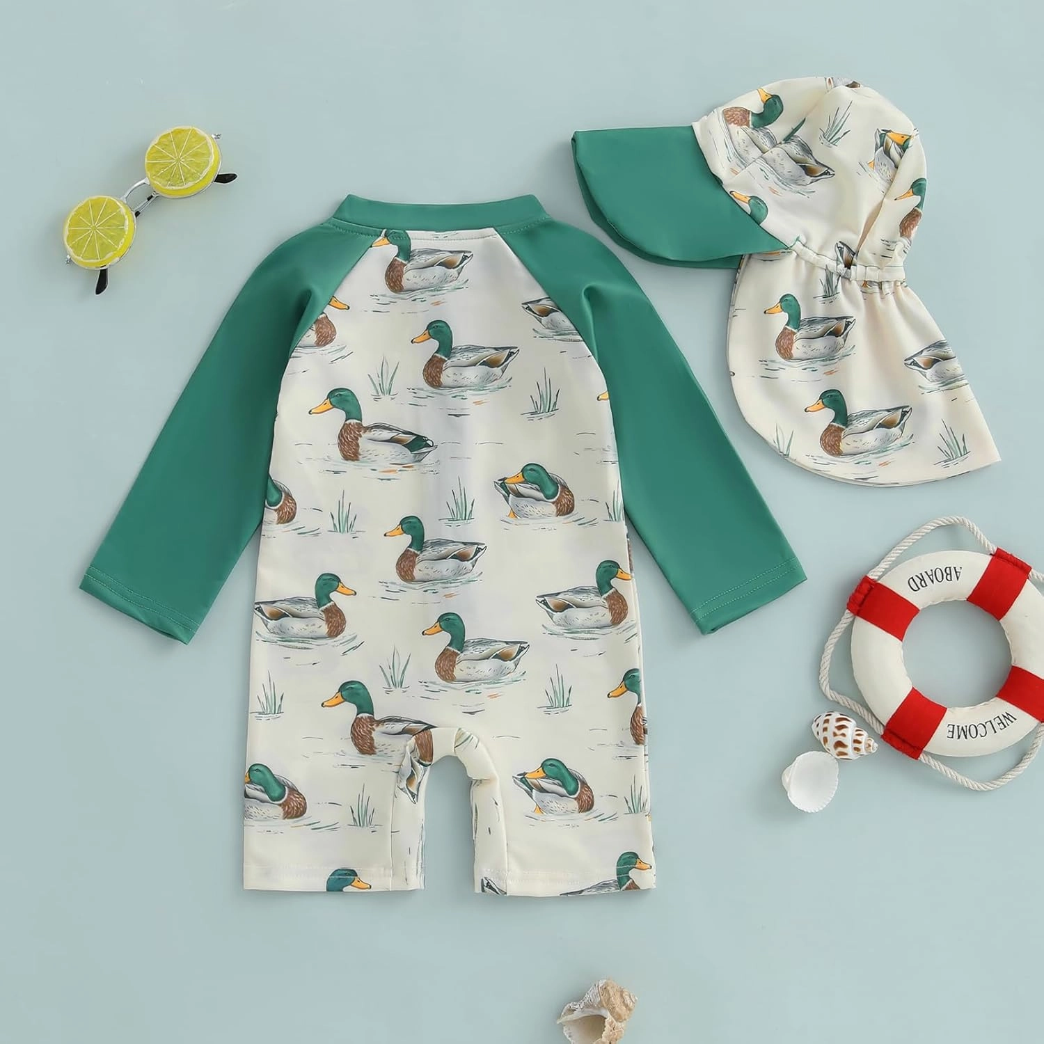 KMBANGI Toddler Baby Boy Mallard Swimsuit Kids Rash Guard Long Sleeve One Piece Bathing Suit Duck Hunting Swimwear with Hat