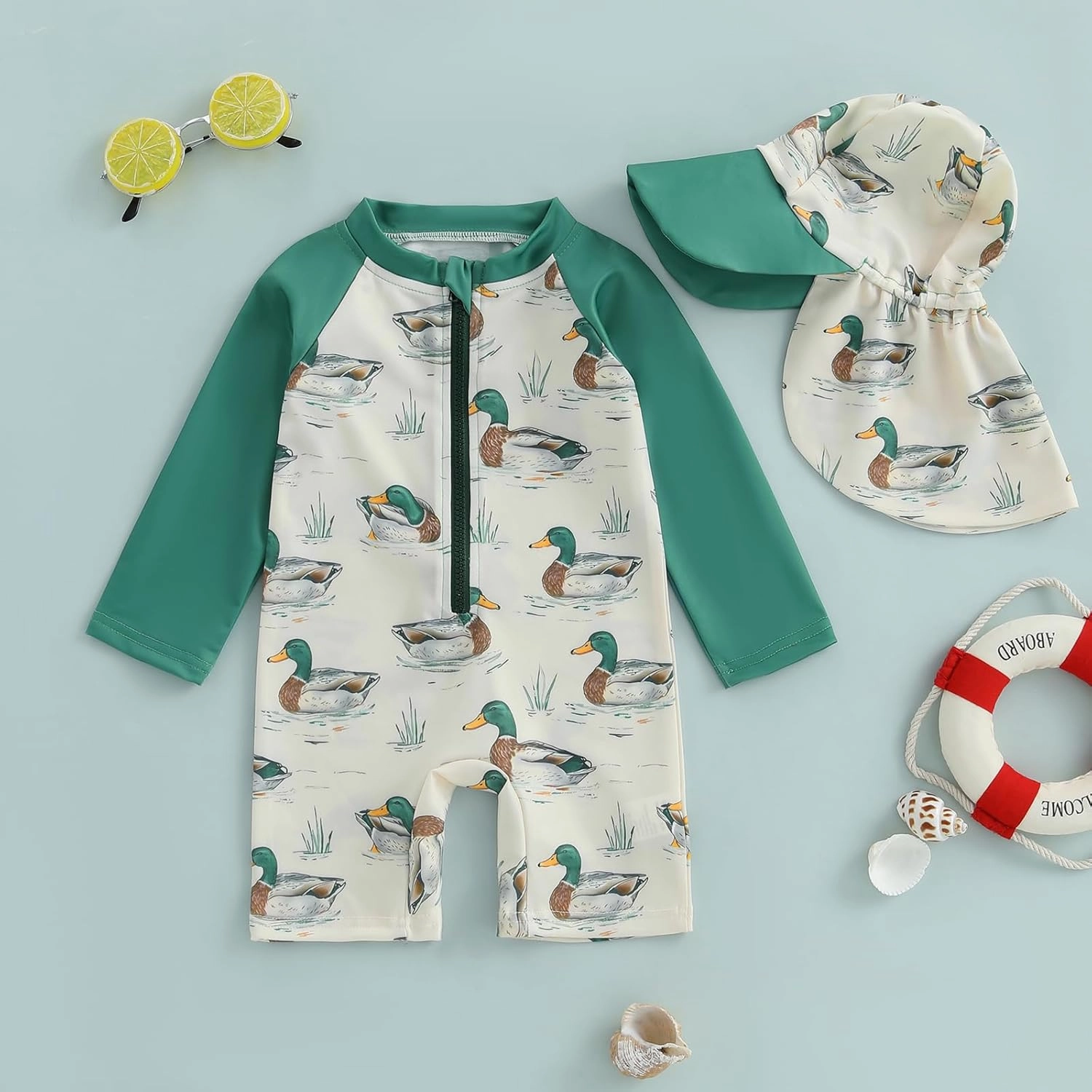 KMBANGI Toddler Baby Boy Mallard Swimsuit Kids Rash Guard Long Sleeve One Piece Bathing Suit Duck Hunting Swimwear with Hat