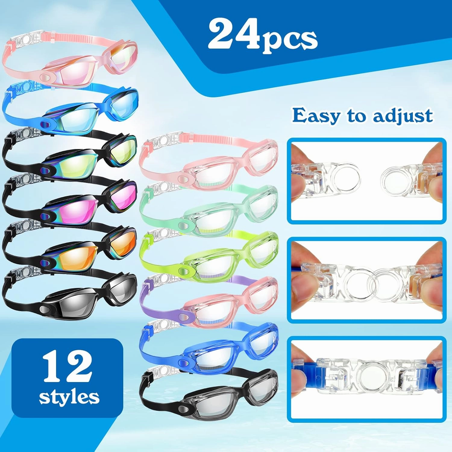 Konohan 24 Pack Swimming Goggles Adult Anti Fog Swim Goggles for Men Women Youth No Leaking UV Full Protection
