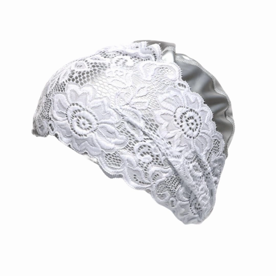 Lace Swim Cap Waterproof Vintage Bath Cap Silicone Elegant Turban Swim Hat Keep Girls Hair Dry Anti-Slip Elastic Floral Swim Wrap Women