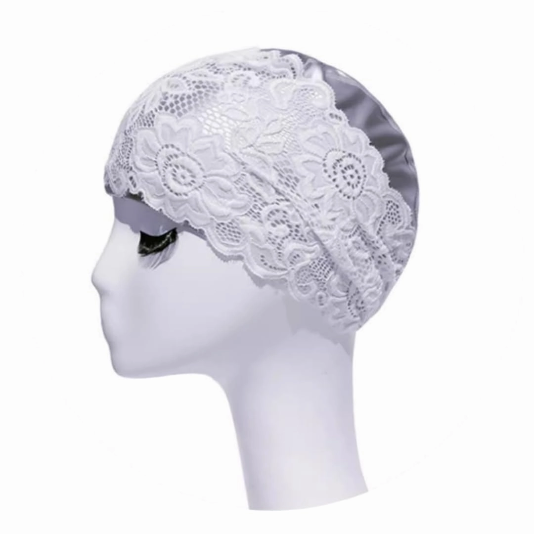 Lace Swim Cap Waterproof Vintage Bath Cap Silicone Elegant Turban Swim Hat Keep Girls Hair Dry Anti-Slip Elastic Floral Swim Wrap Women