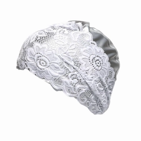 Lace Swim Cap Waterproof Vintage Bath Cap Silicone Elegant Turban Swim Hat Keep Girls Hair Dry Anti-Slip Elastic Floral Swim Wrap Women