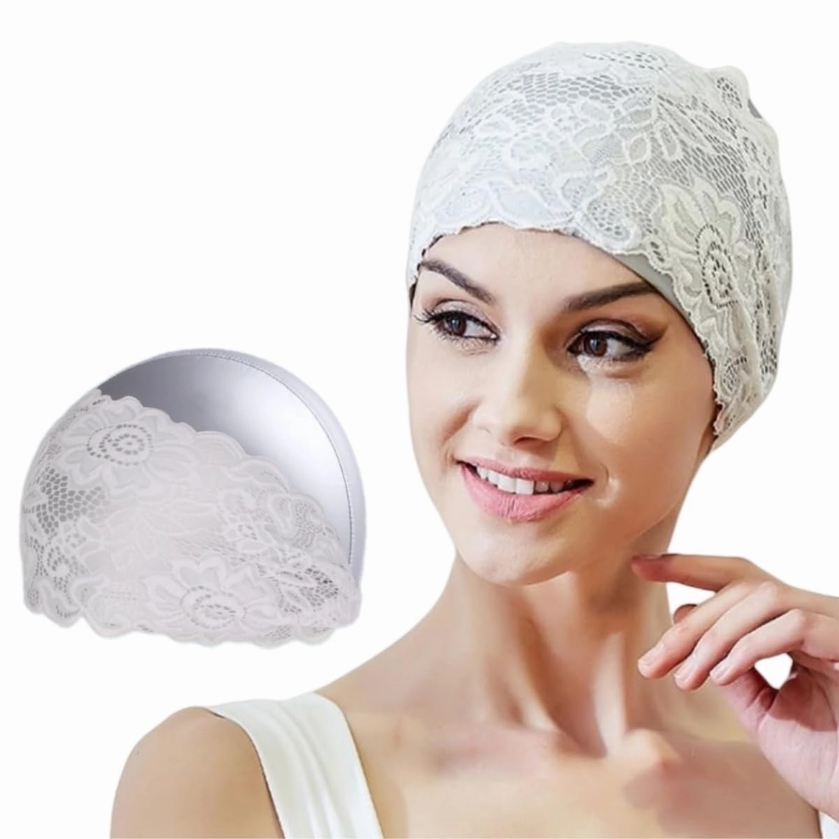 Lace Swim Cap Waterproof Vintage Bath Cap Silicone Elegant Turban Swim Hat Keep Girls Hair Dry Anti-Slip Elastic Floral Swim Wrap Women