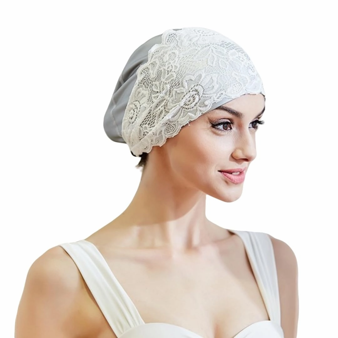 Lace Swim Cap Waterproof Vintage Bath Cap Silicone Elegant Turban Swim Hat Keep Girls Hair Dry Anti-Slip Elastic Floral Swim Wrap Women