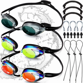 Landhoow 3 Pcs Adult Swimming Goggles for Men Women Anti UV Fog Race Mirrored Goggles with 6 Nose Bridge and 3 Bungee Straps