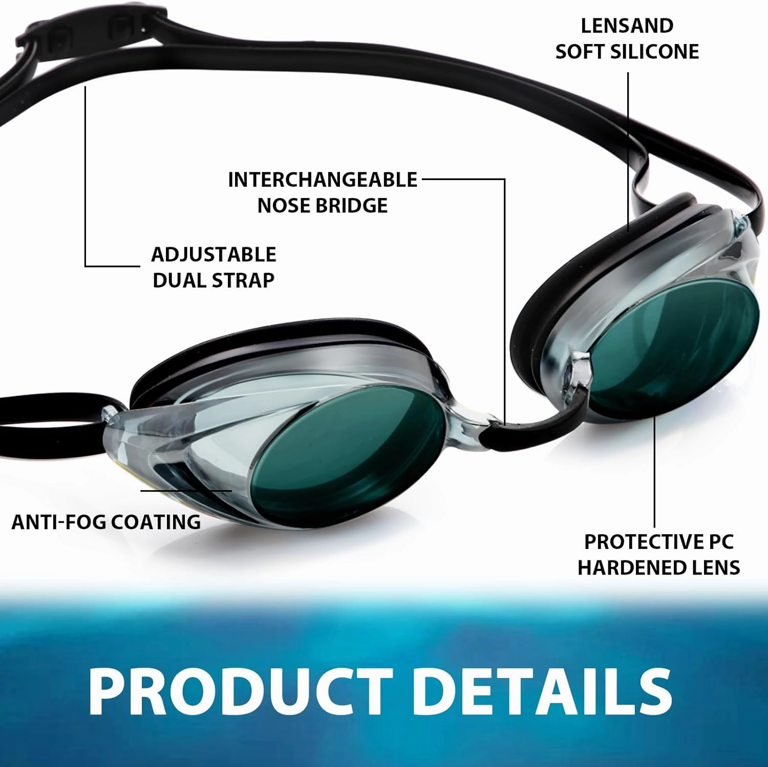 Landhoow 3 Pcs Adult Swimming Goggles for Men Women Anti UV Fog Race Mirrored Goggles with 6 Nose Bridge and 3 Bungee Straps